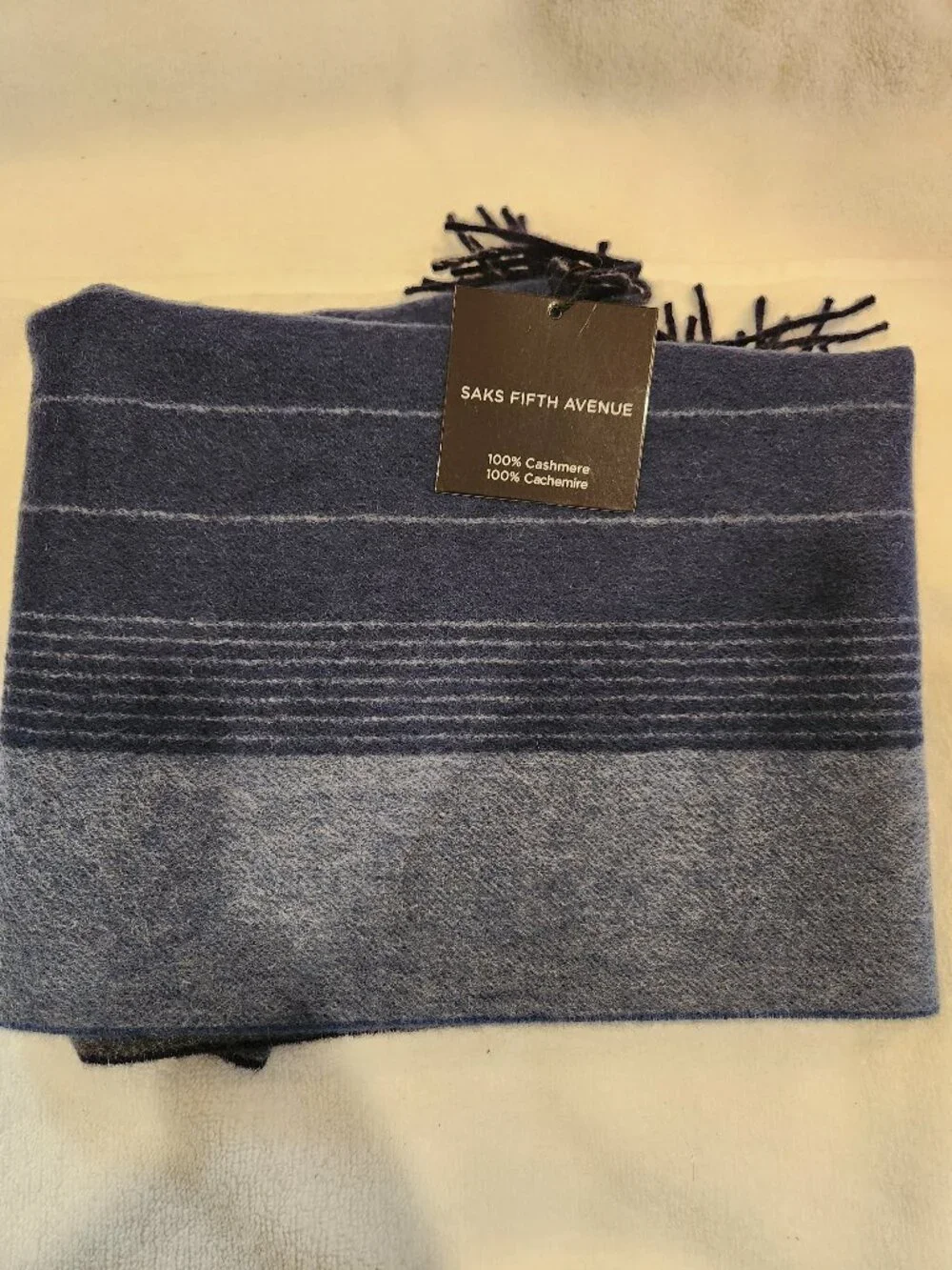 NWT Saks Fifth Avenue Blue Plaid Stripe 100% Cashmere Fringe Scarf 68x12